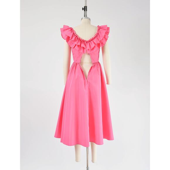 Vintage 60s Pink Party Dress Ruffle Neck Full Circle Skirt Midi Dress XS - Picture 4 of 7